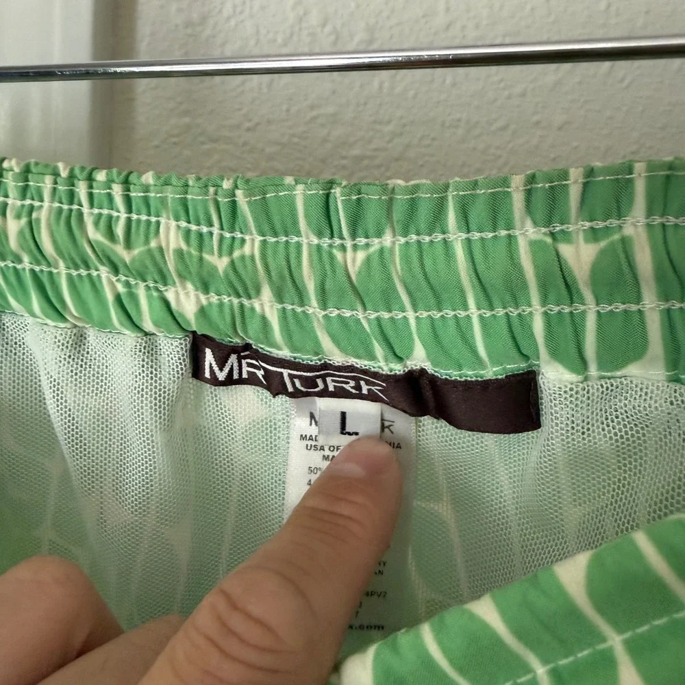 MR. TURK green white printed drawstring pull on swim trunks shorts